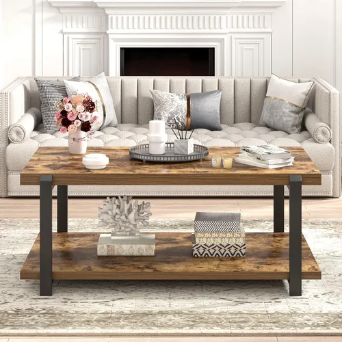 Miniatura 6 de FOLUBAN Mesa de centro moderna, mesa central de madera rústica con almacenamiento para sala de estar, rectangular industrial de 2 niveles, mesa