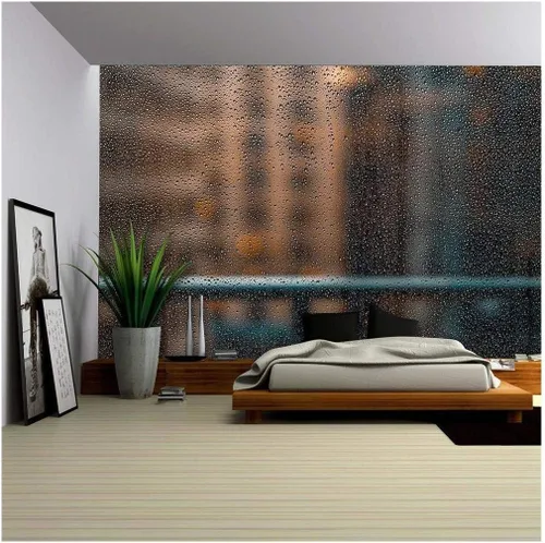 wall26 - Vista de calle borrosa abstracta desde ventana de vidrio lluvioso - Mural de pared extraíble | Papel tapiz autoadhesivo grande - 66x96