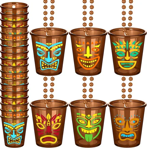 Janmercy 12 vasos de chupito Tiki en collar de cuentas, collares hawaianos de vidrio de plástico marrón divertido Tiki Shot collar tazas para verano