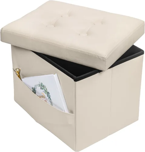 Miniatura 12 de Bsketa Otomana Taburete Reposapiés de Almacenamiento, Banco Pequeño de Otomanas de Almacenamiento de Cuero, Taburete Plegable con Tapa con Asas
