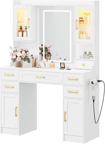 Miniatura 11 de NUNU LAB Escritorio de tocador con espejo y luces, juego de tocador de maquillaje con estante de almacenamiento y 5 cajones, tocador de dormitorio