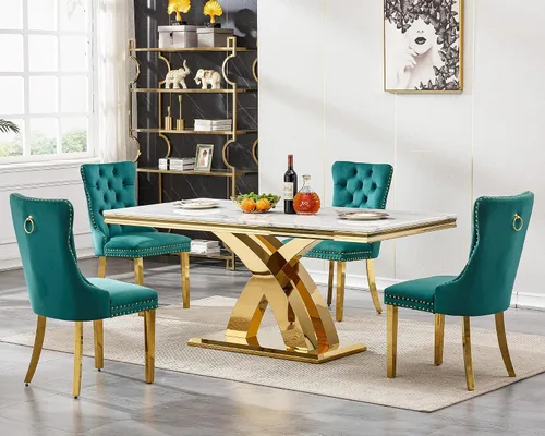 Miniatura 38 de Juego de mesa de comedor de mármol de lujo de 70 pulgadas para 4, juegos de mesa de cocina blanco y dorado para 4, mesa de comedor moderna de mármol