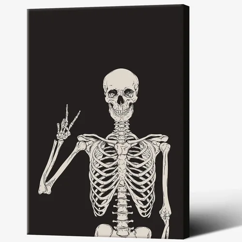 Miniatura 17 de Divertido lienzo de esqueleto negro para pared, decoración espeluznante, póster de Halloween, impresión de señal de paz con la mano alta, huesos