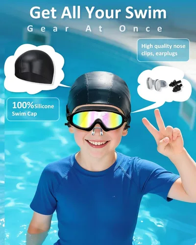 Miniatura 5 de Gafas de natación para niños, antivaho, protección UV y amplia vista & gorro de natación para niños de 3 a 15 años, niños y niñas, bebés