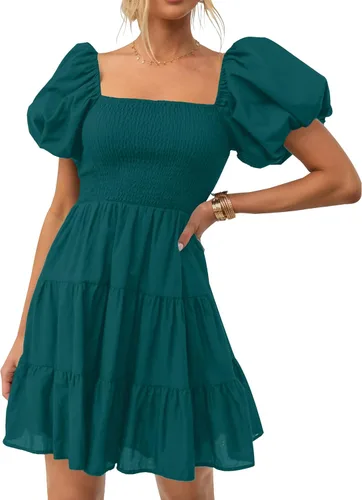 ZESICA Mini vestido corto de verano bohemio 2026 con cuello cuadrado, manga abombada, hombros descubiertos, fruncido, escalonado, casual,