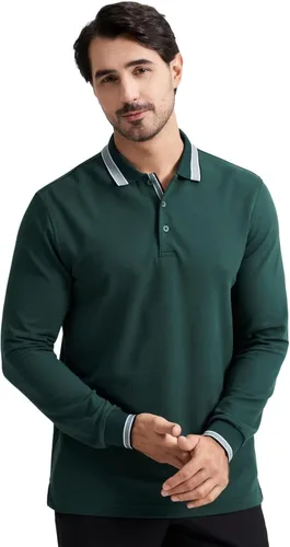 Miniatura 2 de Polo de piqué para hombre, manga larga, con punta de mezcla de algodón, casual, con cuello, ajuste clásico