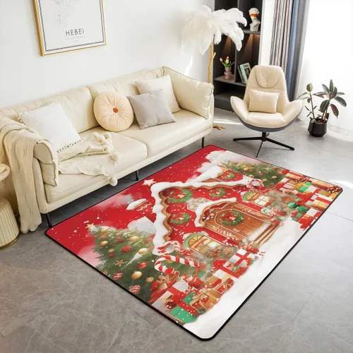 Feelyou Juego de alfombras navideñas de casa de jengibre para niños, de 3 x 5 pies, diseño de Candyland rojo para dormitorio, Navidad, alfombra