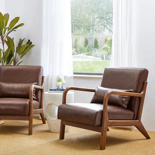Miniatura 9 de Glitzhome 30.75 "H Mid Century Coffee Accent Sillón, Sillón de lectura individual Silla de salón de cuero PU con marco de madera de caucho nogal