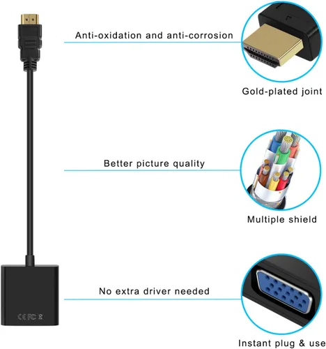 Miniatura 6 de HDMI a VGA, adaptador HDMI a VGA chapado en oro (hombre a hembra) para computadora, computadora de escritorio, laptop, PC, monitor, proyector, HDTV