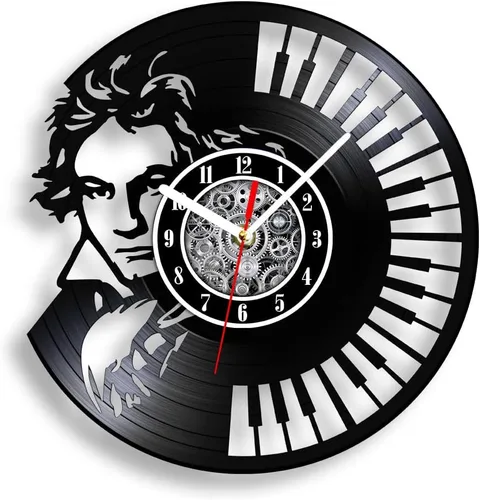 The Geeky Days Ludwig Van Beethoven - Reloj de pared de disco de vinilo, funciona con pilas, cuarzo silencioso de 12 pulgadas, teclado de piano, Sin
