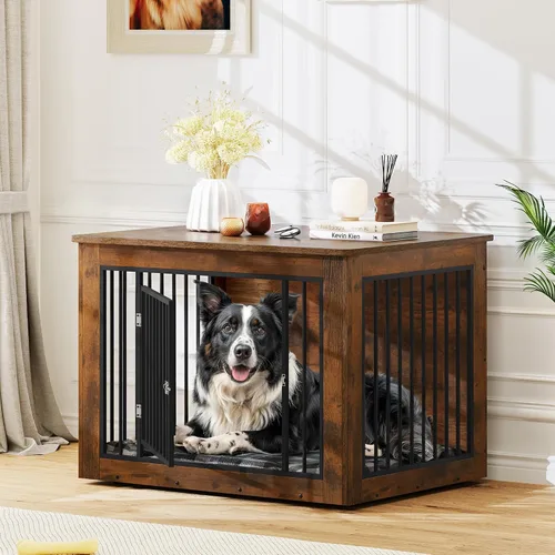 Miniatura 7 de YITAHOME Mueble de jaula para perros grandes, mesa auxiliar lateral, perrera moderna para perros de interior de hasta 60 libras, jaula de fusión