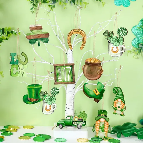 Miniatura 2 de Spiareal 36 piezas Adornos de día de San Patricio en madera, adorno colgante de trébol verde, gnomo verde, camión, recorte de madera, decoración