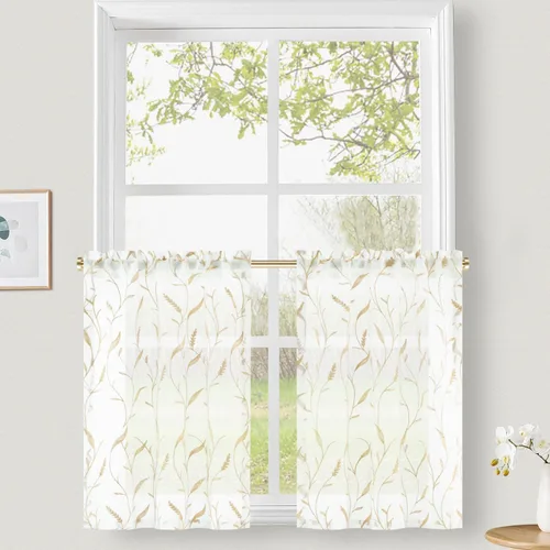 Miniatura 29 de VOGOL Juego de cortinas transparentes bordadas y cenefas para sala de estar, con bolsillo para barra blanca, par de cortinas traslúcidas