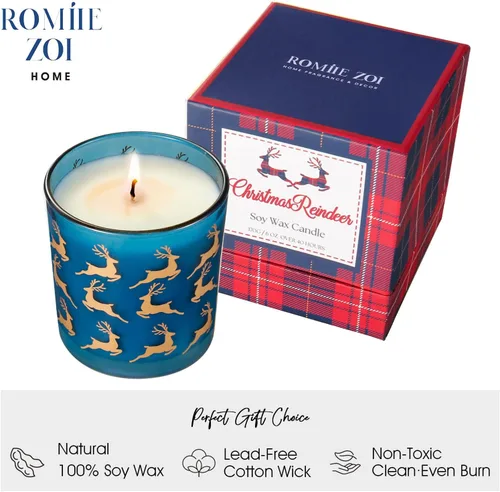Miniatura 2 de ROMIIE ZOI Vela perfumada de Navidad - Vela de cera de soja de 6oz, reno navideño, infundida con aroma a menta - Caja de regalo de tartán escocés