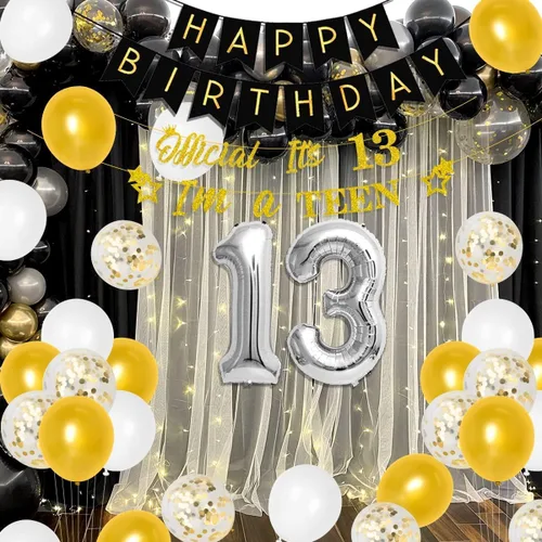Miniatura 6 de Decoraciones de cumpleaños número 13 para niños y niñas, suministros de fiesta de cumpleaños número 13 negro dorado con pancarta colgante en espiral