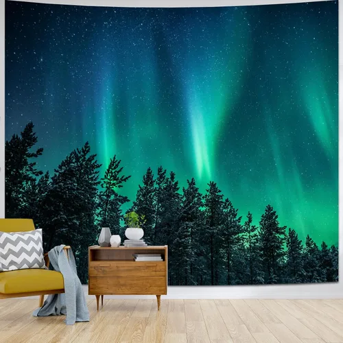Miniatura 7 de Atrippy Tapiz verde de naturaleza forestal para dormitorio, paisaje brumoso, telón de fondo para colgar en la pared, mural de pared grande, tapices