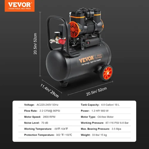 Miniatura 7 de VEVOR Compresor de aire de 4.8 galones, compresor de aire sin aceite de 1.2HP 2.2 CFM@90PSI, tanque de compresor y presión máxima de 116PSI