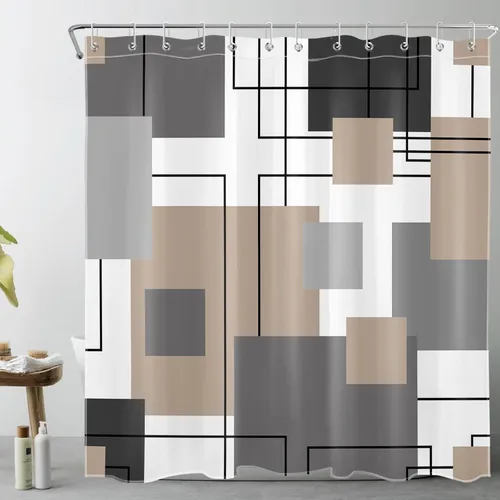 Miniatura 15 de LB Cortina de ducha geométrica a rayas grises y blancas, cortinas de ducha abstractas de mediados de siglo verde salvia para baño, 72 x 72 pulgadas