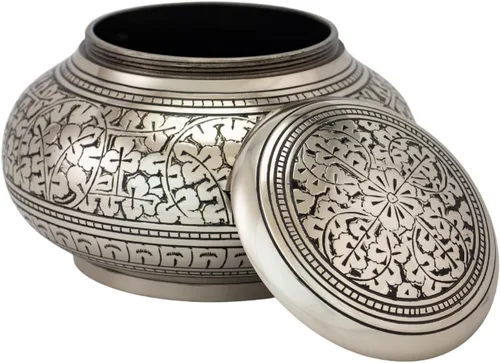 Miniatura 3 de Urna de cremación redonda de hojas de plata para cenizas, mediana, latón, urna de plata, urna de cremación de tamaño mediano, 4.5 pulgadas de alto
