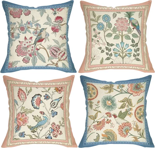 Juego de 4 fundas de almohada decorativas vintage de 16 x 16 pulgadas, color rosa y azul, elegante, floral, pájaro, colibrí, porche, decoración del