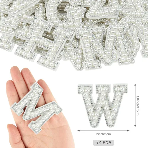 Miniatura 2 de Morcheiong 52 piezas de parches de letras de perlas con strass autoadhesivos A-Z, parches de letras de perlas para pegar en ropa, tela, mochila