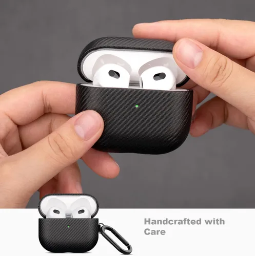 Miniatura 3 de LOPIE Funda compatible con AirPods 3 (lanzado en 2021), funda de cuero vegano estilo fibra de carbono con kit de clip y limpiador, funda protectora