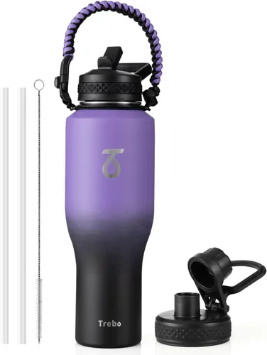 Miniatura 14 de Trebo Botella de agua de 40 onzas con aislamiento que cabe en portavasos de automóvil con asa, botellas de agua de acero inoxidable vaso con tapas