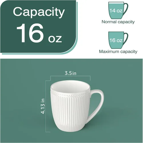 Miniatura 2 de Juego de Tazas de Café de 6, Tazas de Café Blancas de 16 Oz, Tazas de Porcelana, Grandes y Fáciles de Agarrar, Juego de Tazas en Relieve para Café