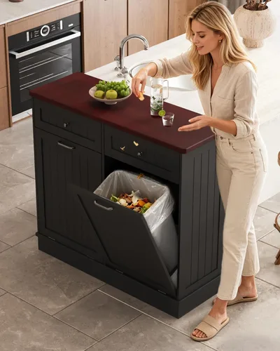Miniatura 10 de Betterhood Gabinete de Basura Inclinable de 10 Galones de Madera Independiente Clasificador de Lavandería, Gabinete de Reciclaje con Cajón Oculto