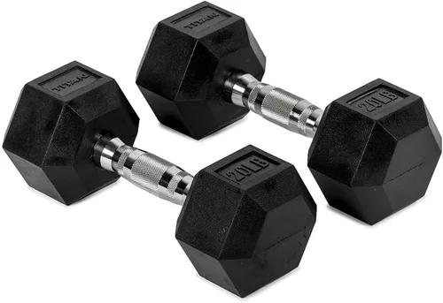 Miniatura 17 de Titan Fitness Pair Rubber Coated Hex Dumbbells, Roll-Resistant Hexagonal Free Weights, Chrome-Coated Handles with Knurling, Strength Training