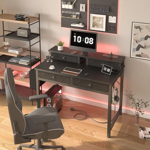Miniatura 2 de Lufeiya Escritorio pequeño con cajones para oficina en casa, dormitorio, escritorios de estudio negros de 31 pulgadas con cajones de tela, mesa