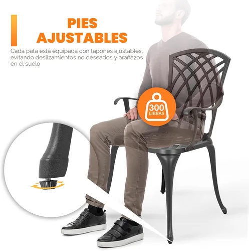 Miniatura 4 de NUU GARDEN Juego de mesa y sillas de aluminio fundido para patio, 3 piezas, con agujero para paraguas, juego de 2 unidades para patio, color negro