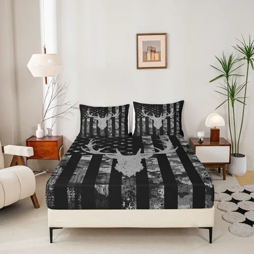 Miniatura 4 de Homewish Sábana bajera ajustable con diseño de bandera estadounidense de camuflaje para niños, tamaño individual, silueta de cuernos de ciervo