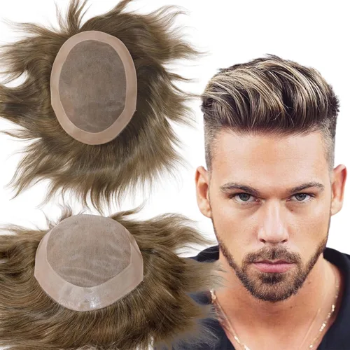 Miniatura 15 de Toupee - Sistema de reemplazo de cabello humano virgen europeo de 7 x 9 pulgadas para hombre, postizo de encaje mono con poliuretano duradero #2