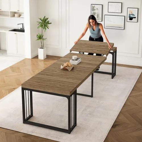 Miniatura 2 de KEIKI Mesa de comedor plegable extensible de 23.62 a 118 pulgadas de largo para 2 a 10 personas, muebles de madera moderna y rústica rectangular