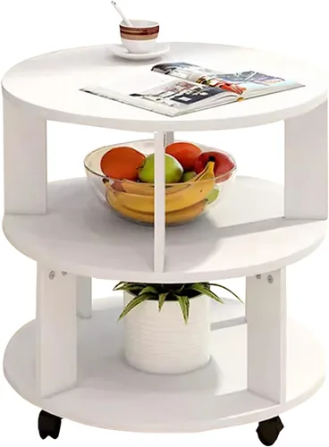 Miniatura 7 de Mesa auxiliar redonda moderna con almacenamiento, mesita de noche con estantes de 2 niveles, mesa de centro pequeña de madera con ruedas, mesa