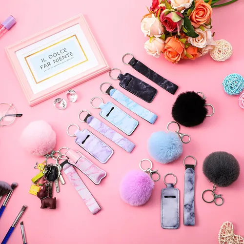 Miniatura 2 de Hicarer Juego de 30 bolsas para lápiz labial con diseño de mármol, incluye llavero y muñequera, bolsa de bálsamo labial estilo mármol y accesorio
