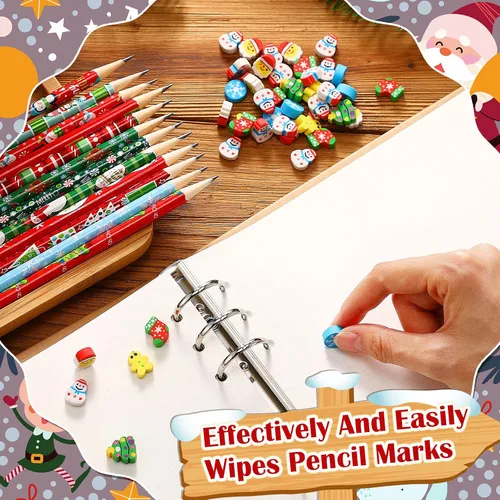 Miniatura 7 de Crtiin 72 lápices de Navidad y mini borradores a granel, lindo y divertido lápiz y borradores, hombre de jengibre, Papá Noel, muñeco de nieve