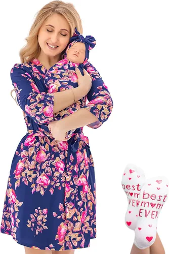 Miniatura 22 de ECO BABY - Conjunto de bata y manta para mamá y yo Bata de maternidad y conjunto de bebé a juego para niña, niño Parto hospitalario y parto