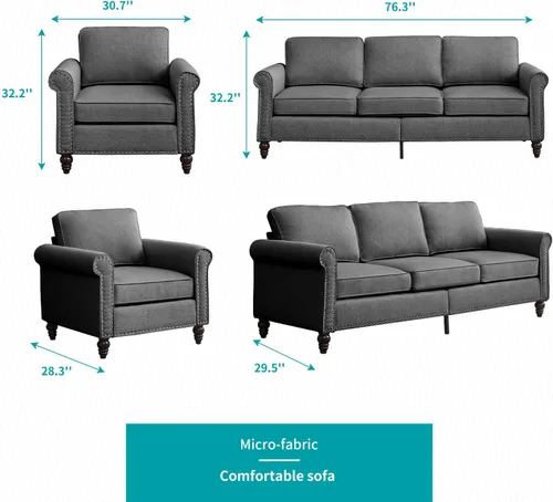 Miniatura 2 de BALUS Couches Sofa Set for Living Room, Couch Sofa with Wooden Sofa Legs, Linen Living Room Furniture with Nailhead Trim, 6" Cushion, Sectional
