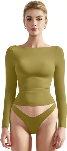 Miniatura 10 de SUUKSESS Camiseta de mujer con cuello redondo, manga larga, doblemente forrada, ajustada y corta