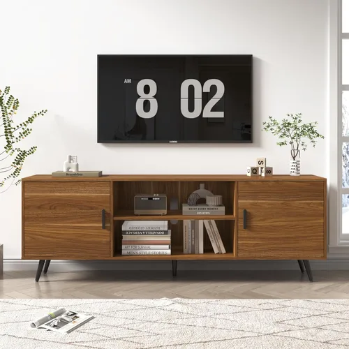 Miniatura 9 de Soporte de TV moderno de mediados de siglo, 70 pulgadas para TV de 75 pulgadas, madera con almacenamiento, centro de entretenimiento para sala