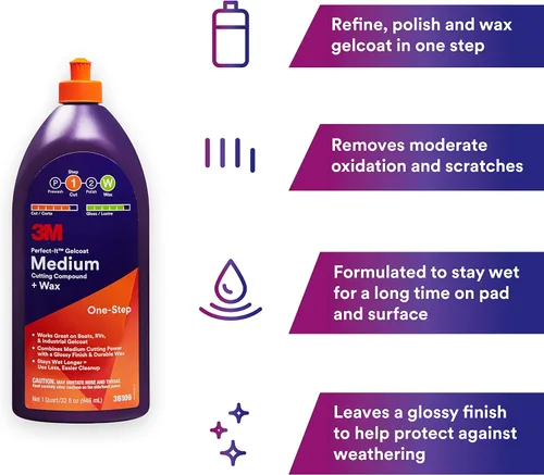 Miniatura 3 de 3M Perfect-It Gelcoat - Compuesto de corte medio + cera, 36106, 1 cuarto, proceso de un solo paso, P1500 y arañazos más finos, removedor