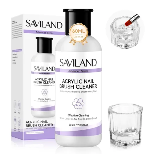 SAVILAND Limpiador de brochas acrílicas: Líquido de limpieza profunda y acondicionador de 3 minutos con plato Dappen, limpiador de pinceles de uñas
