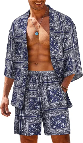 COOFANDY Conjunto de 2 piezas de chaqueta tipo kimono ligero para hombre, camisa hawaiana para la playa con pantalones cortos