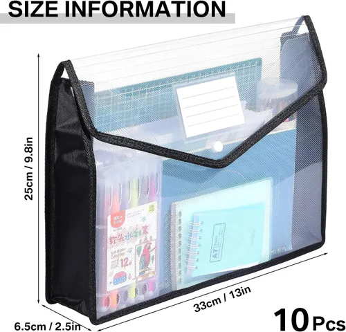 Miniatura 2 de Carpetas de plástico para archivos, 10 piezas, sobre expandible, carpeta organizadora de documentos con cierre a presión y bolsillo, bolsa Negro