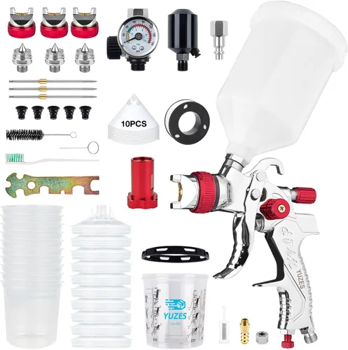 YUZES Pistola de pulverización HVLP Kit Premium con boquillas de 1.4/1.7/2.0mm, pistola de aire para pintar coches, muebles, DIY, 10 vasos Rojo-Plus