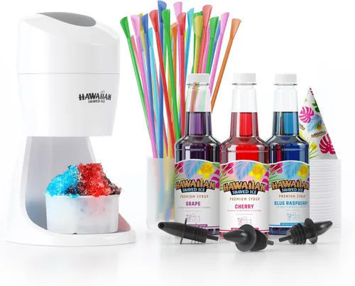 Hawaiian Shaved Ice, Máquina Trituradora de Hielo y Paquete de Jarabes para Fiesta , Blanco