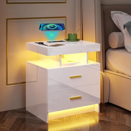 Miniatura 10 de HNEBC Mesita de noche LED, RGB blanco con estación de carga USB/inalámbrica, moderna mesita de noche con sensor automático de luces RGB, mesa blanco