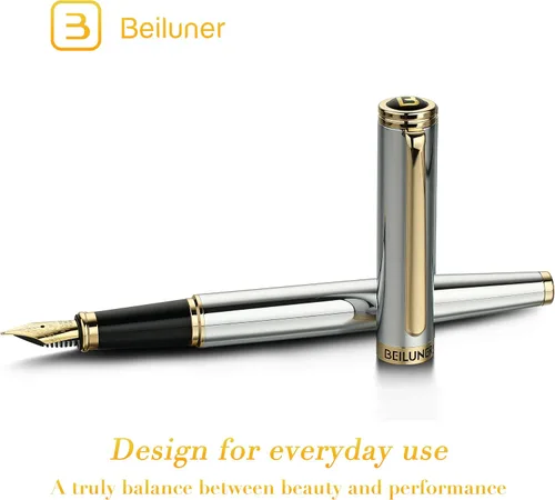 Miniatura 2 de BEILUNER Pluma Estilográfica Cromada Plateada, Impresionante Lujo con Acentos de Oro de 24K, Hermosa Plumilla Dorada de 24K (Mediana), Regalo